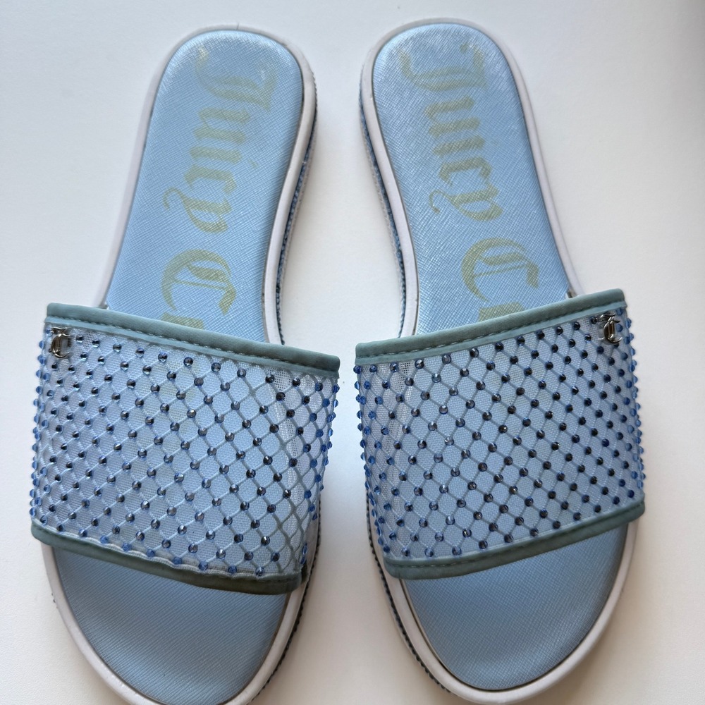 Juicy Couture Womens Light Blue Rhinestone Mesh Slide Sandals Flat Summer Shoes